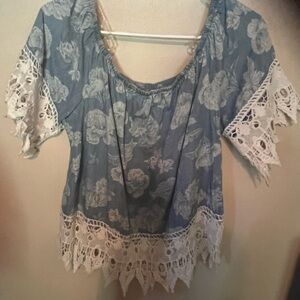Floral Lace Trim Blue Top